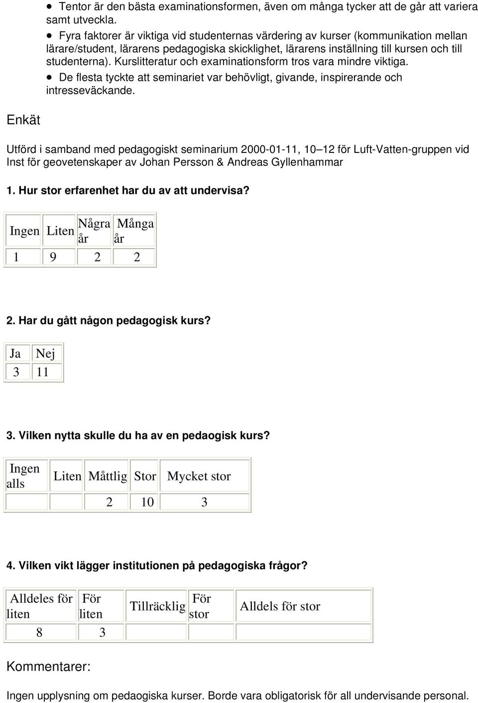 Kurslitteratur och examinationsform tros vara mindre viktiga. De flesta tyckte att seminariet var behövligt, givande, inspirerande och intresseväckande.
