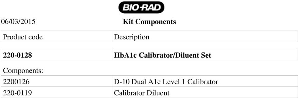 Calibrator/Diluent et Components: 2200126