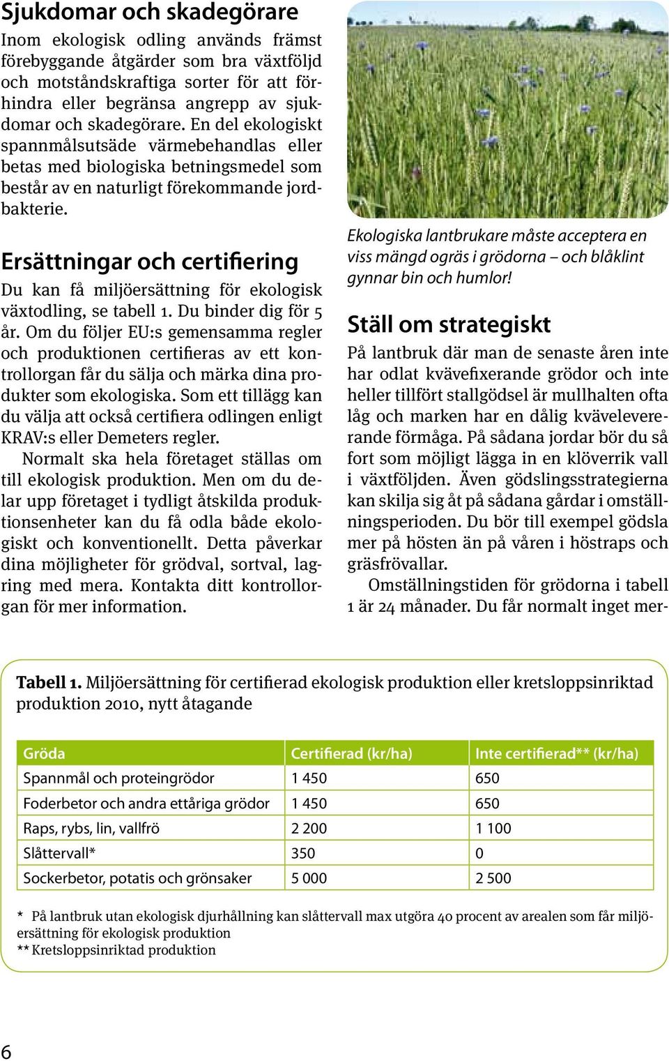 Ersättningar och certifiering Du kan få miljöersättning för ekologisk växtodling, se tabell 1. Du binder dig för 5 år.