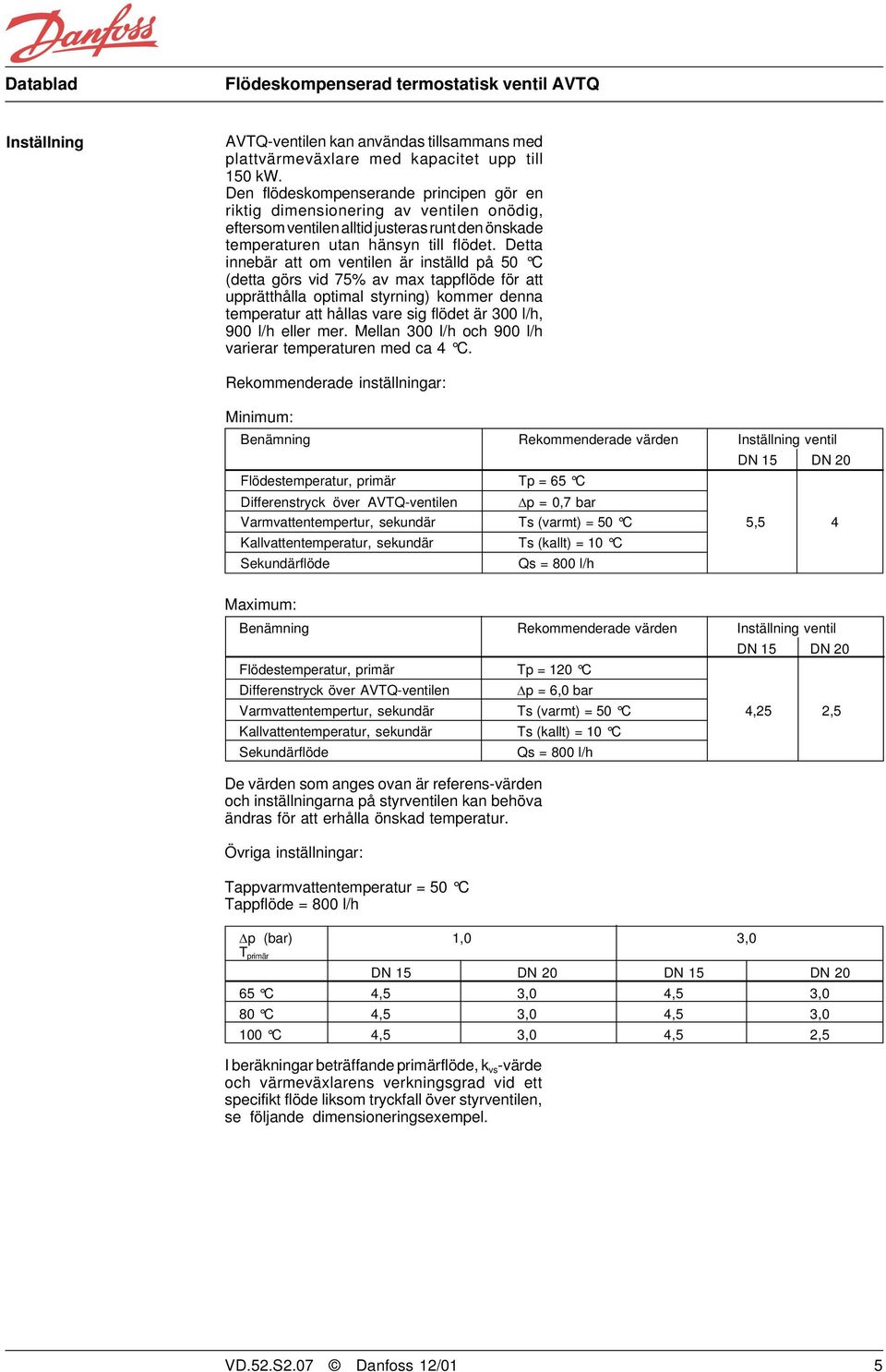 Detta innebär att om ventilen är inställd på 50 C (detta görs vid 75% av max tappflöde för att upprätthålla optimal styrning) kommer denna temperatur att hållas vare sig flödet är 300 l/h, 900 l/h