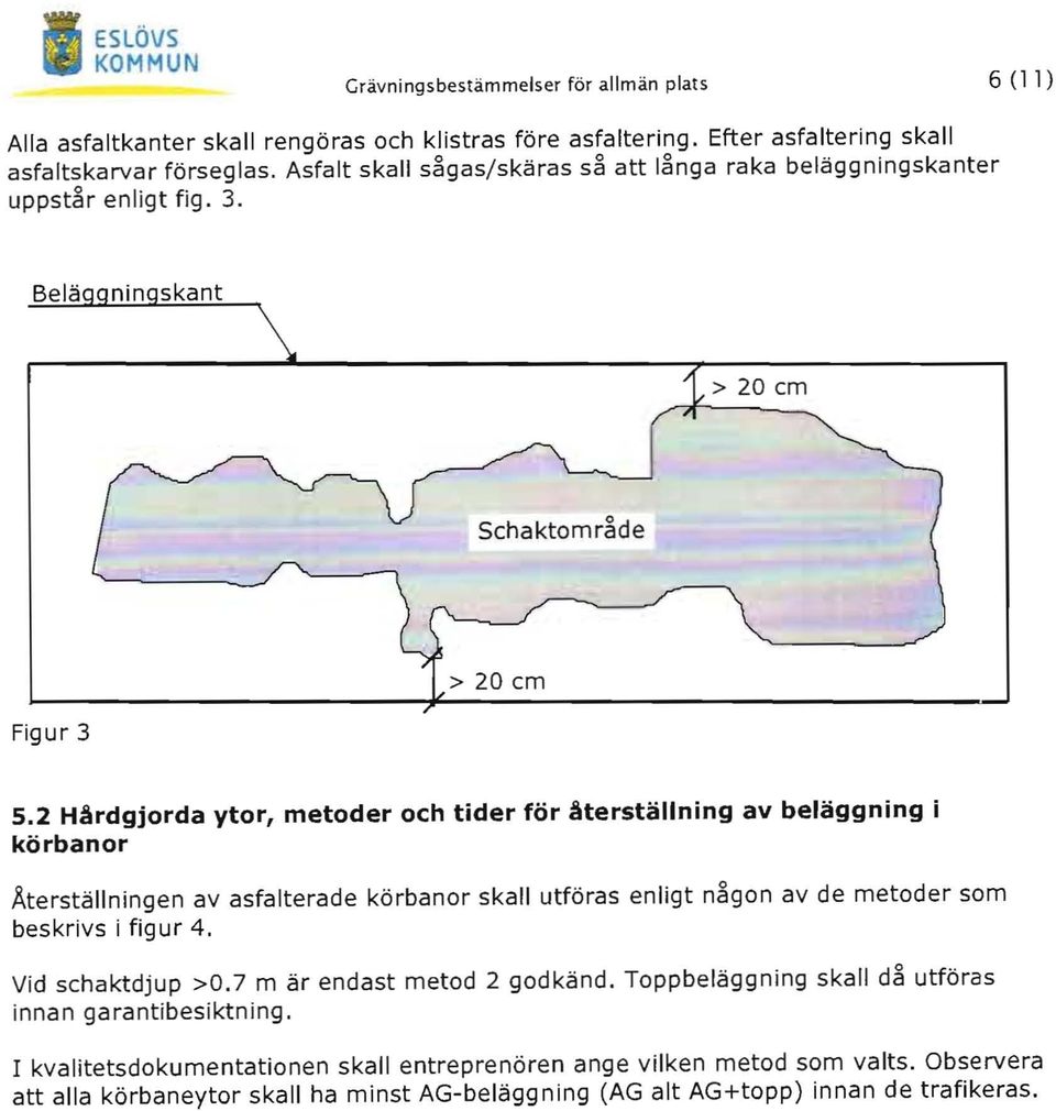 2 Hårdgjorda ytor, metoder och tider för återställning av beläggning i körbanor Äterställningen av asfalterade körbanor skall utföras enligt någon av de metoder som beskrivs i figur 4.