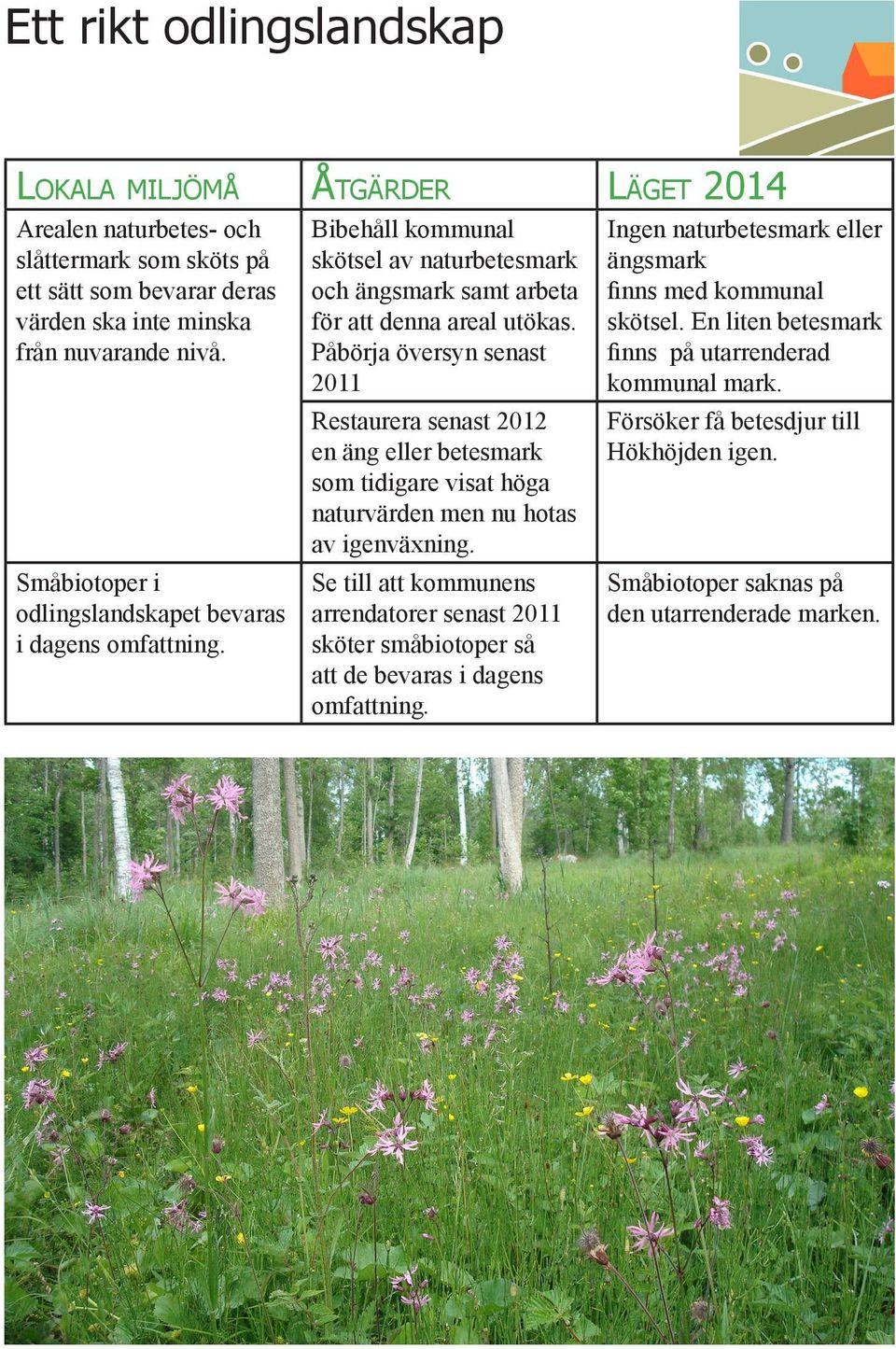 En liten betesmark finns på utarrenderad kommunal mark. Småbiotoper i odlingslandskapet bevaras i dagens omfattning.
