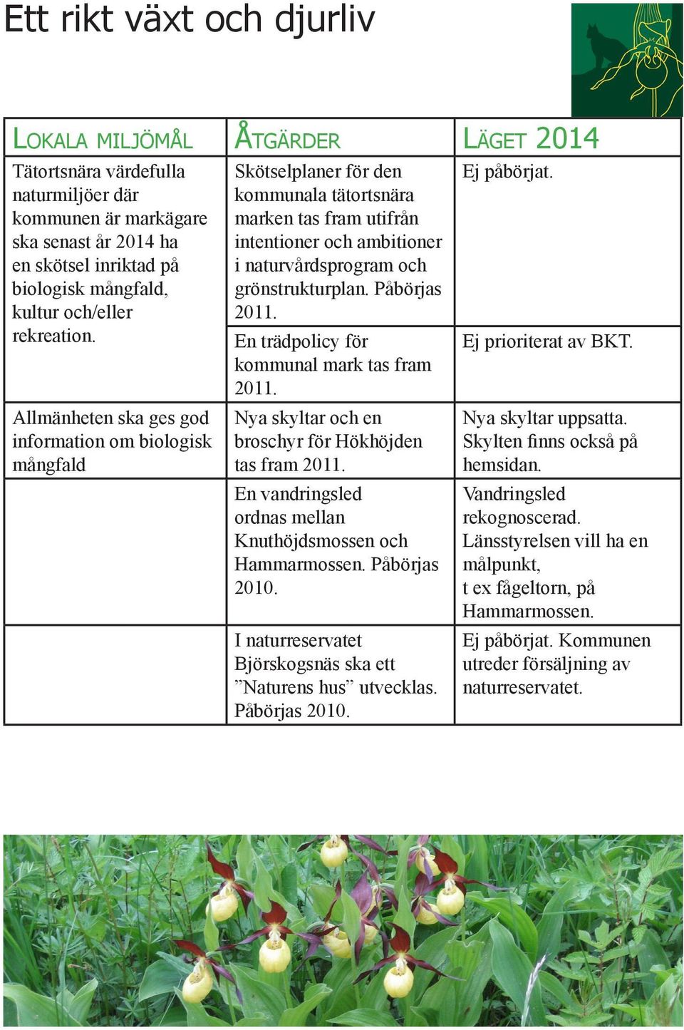 kommunala tätortsnära marken tas fram utifrån intentioner och ambitioner i naturvårdsprogram och grönstrukturplan. Påbörjas 2011. En trädpolicy för kommunal mark tas fram 2011. Ej prioriterat av BKT.