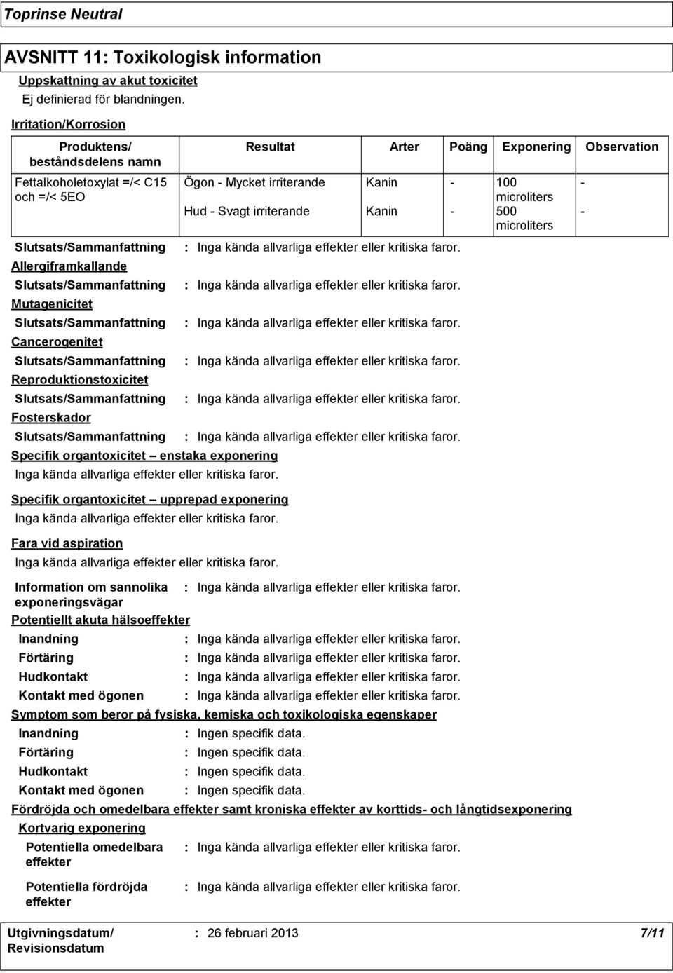 organtoxicitet enstaka exponering Specifik organtoxicitet upprepad exponering Fara vid aspiration Information om sannolika exponeringsvägar Potentiellt akuta hälsoeffekter Inandning Förtäring