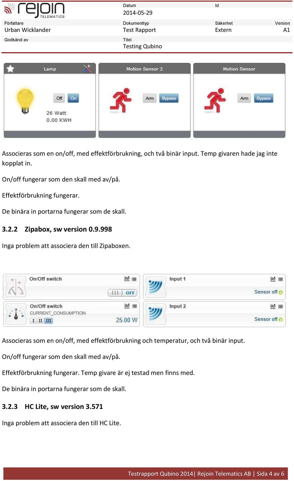 Associeras som en on/off, med effektförbrukning och temperatur, och två binär input. Effektförbrukning fungerar.