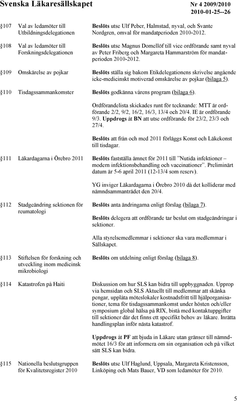 109 Omskärelse av pojkar Beslöts ställa sig bakom Etikdelegationens skrivelse angående icke-medicinskt motiverad omskärelse av pojkar (bilaga 5).