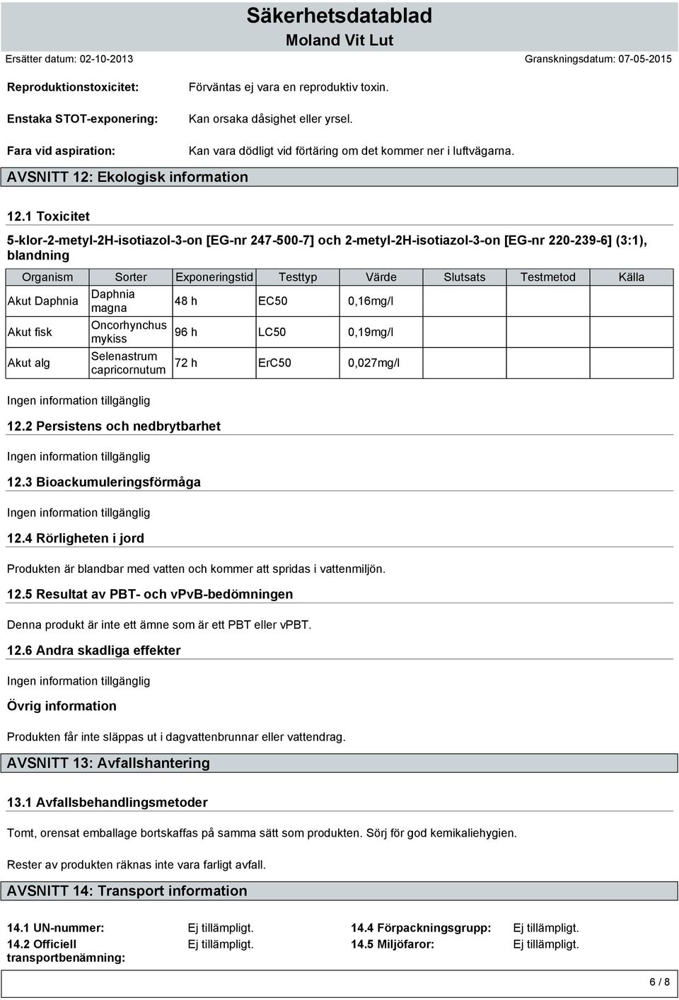 1 Toxicitet 5-klor-2-metyl-2H-isotiazol-3-on [EG-nr 247-500-7] och 2-metyl-2H-isotiazol-3-on [EG-nr 220-239-6] (3:1), Organism Sorter Exponeringstid Testtyp Värde Slutsats Testmetod Källa Akut