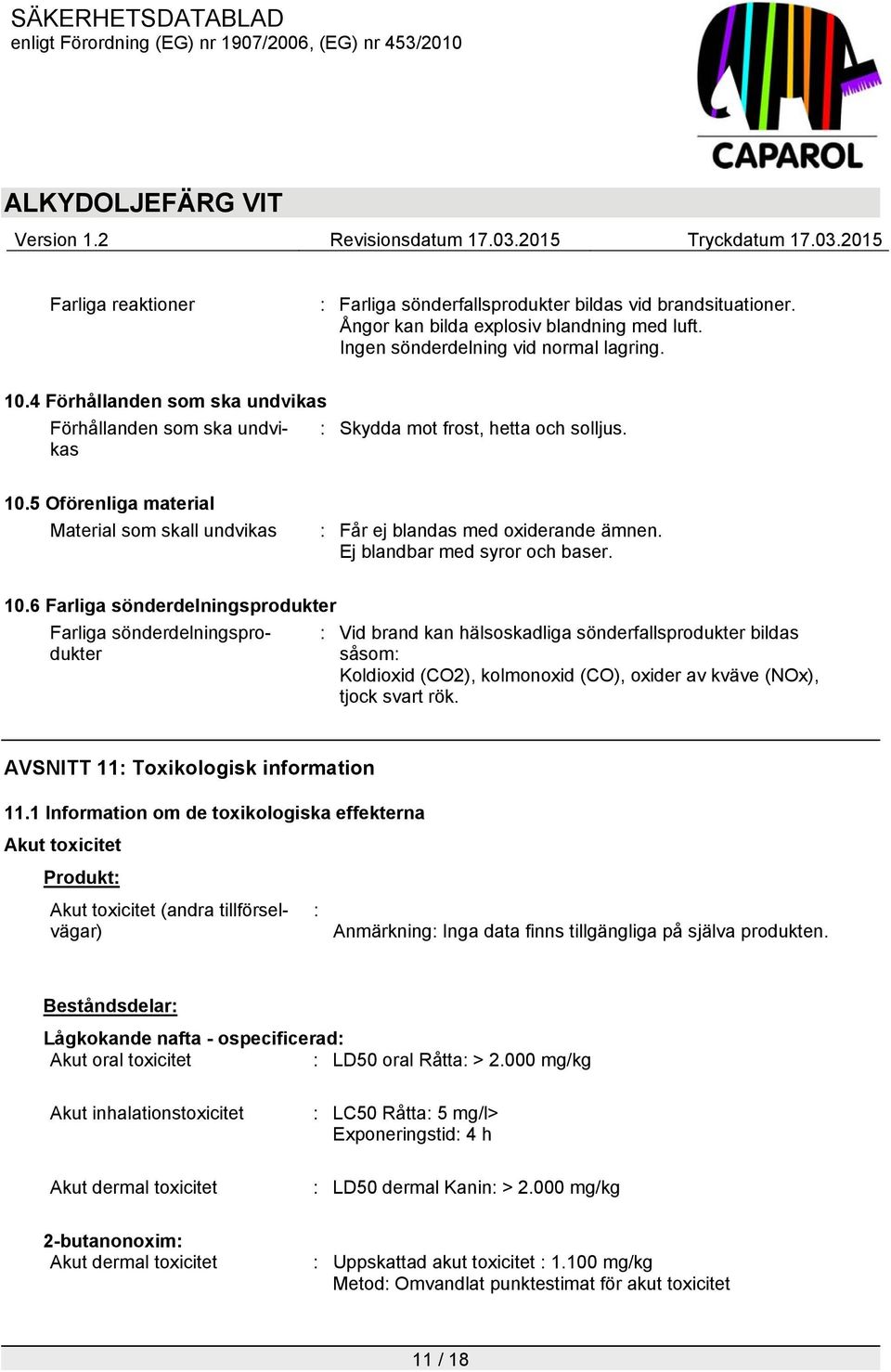 Ej blandbar med syror och baser. 10.