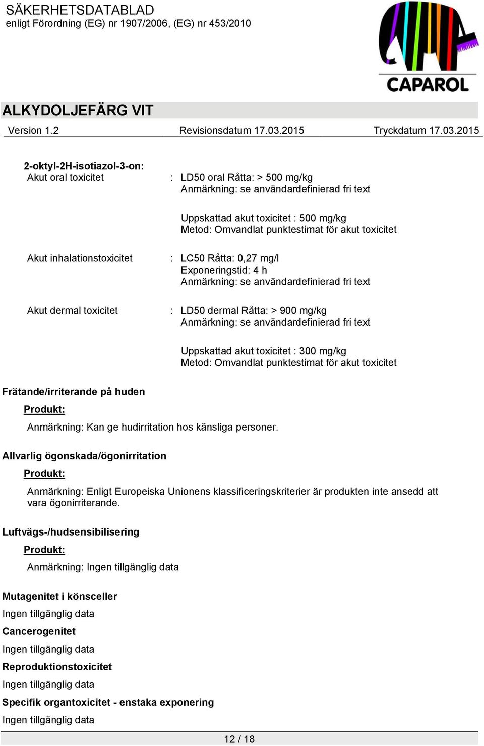 användardefinierad fri text Uppskattad akut toxicitet : 300 mg/kg Metod: Omvandlat punktestimat för akut toxicitet Frätande/irriterande på huden Anmärkning: Kan ge hudirritation hos känsliga personer.