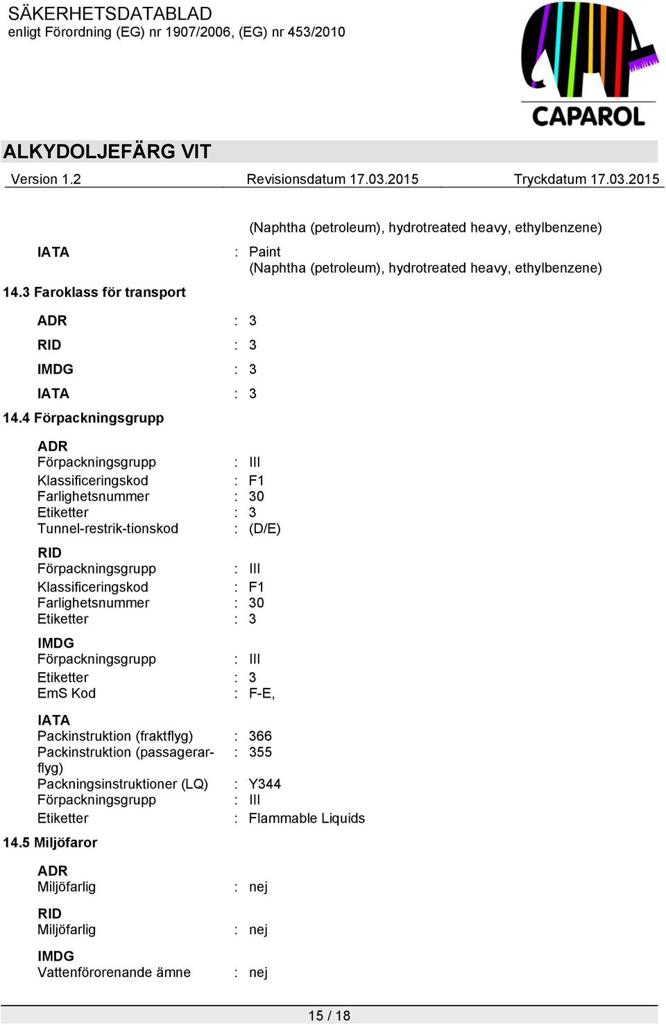 4 Förpackningsgrupp ADR Förpackningsgrupp : III Klassificeringskod : F1 Farlighetsnummer : 30 Etiketter : 3 Tunnel-restrik-tionskod : (D/E) RID Förpackningsgrupp : III Klassificeringskod