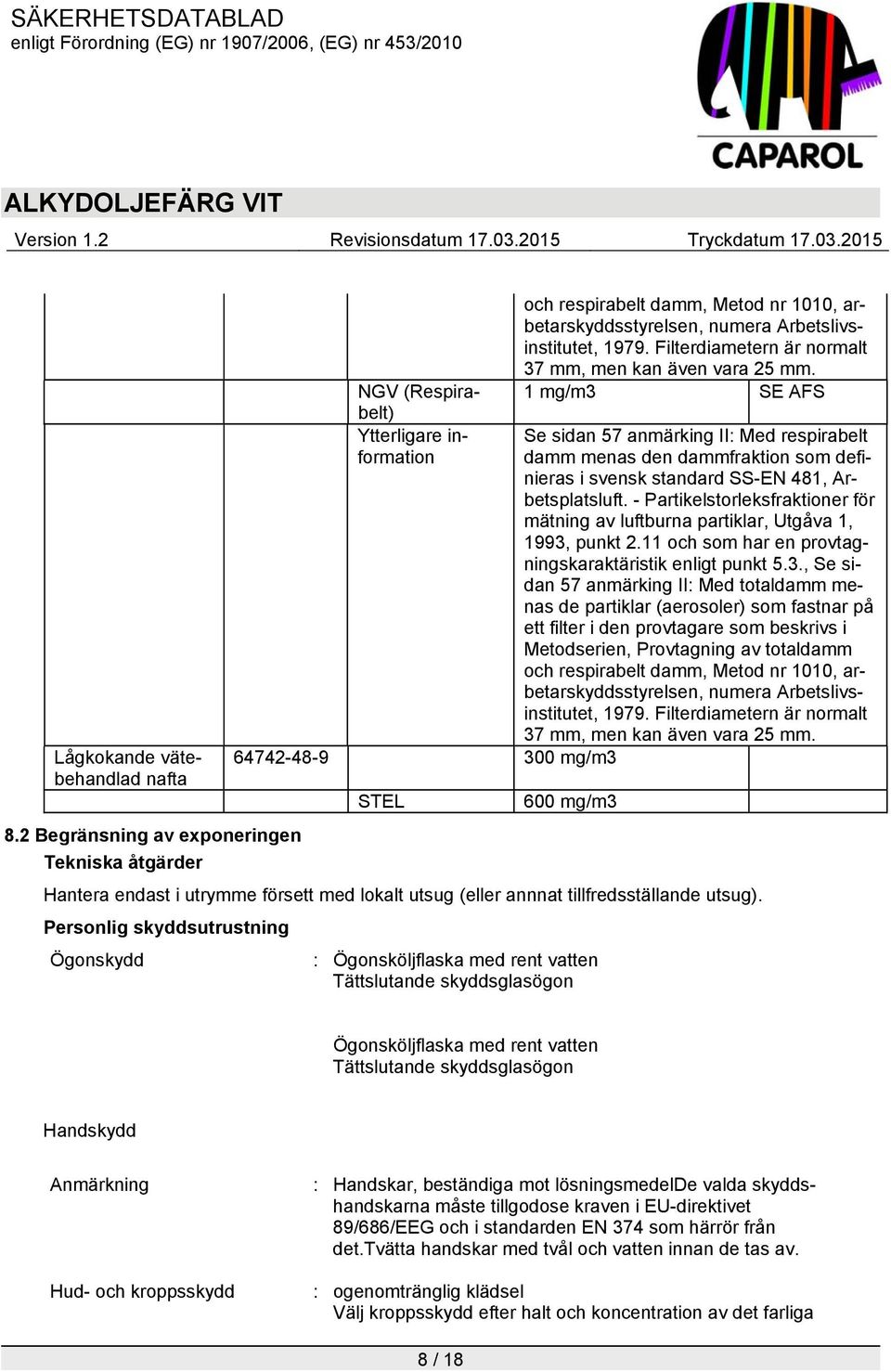 1 mg/m3 SE AFS Se sidan 57 anmärking II: Med respirabelt damm menas den dammfraktion som definieras i svensk standard SS-EN 481, Arbetsplatsluft.