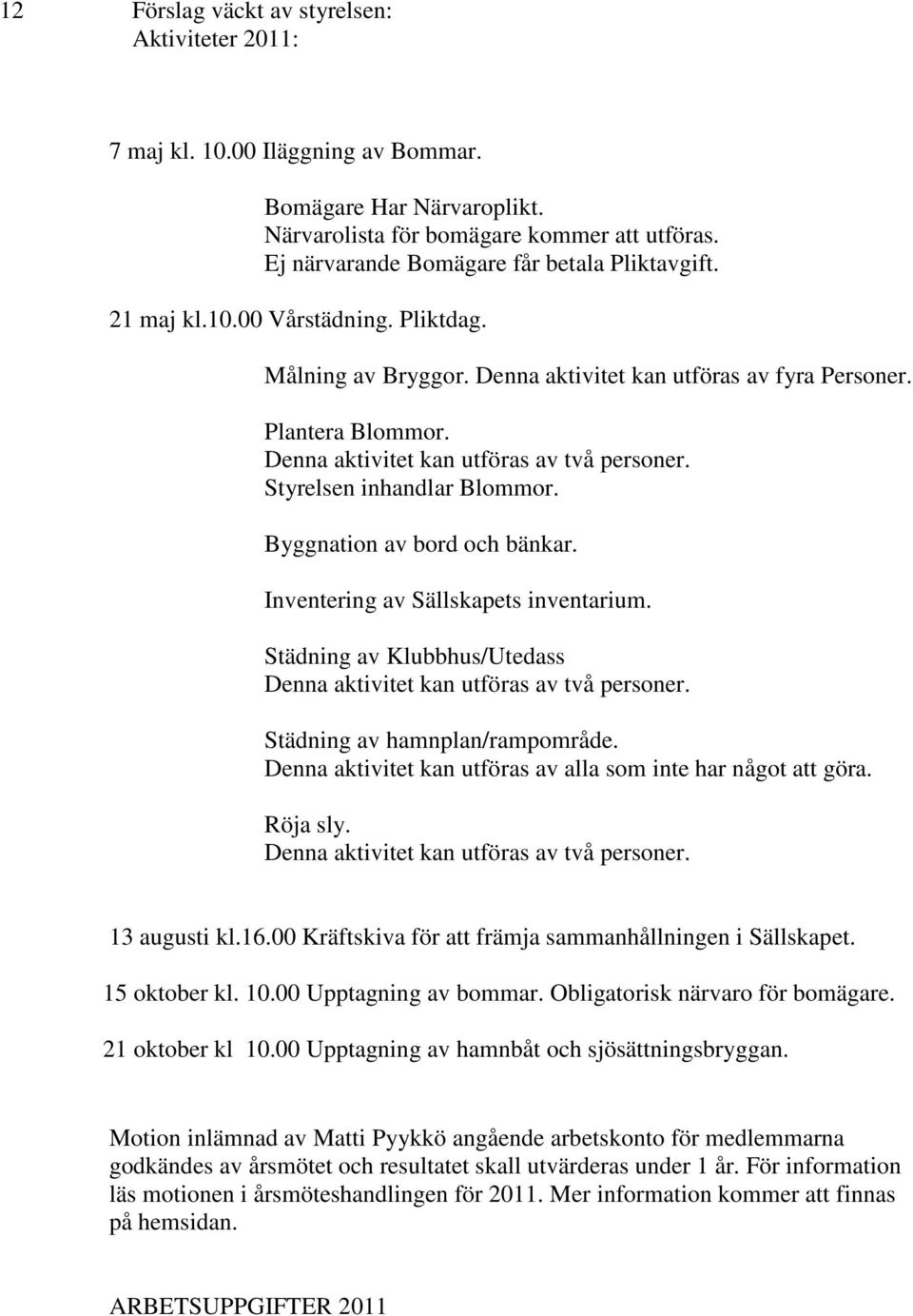 Byggnation av bord och bänkar. Inventering av Sällskapets inventarium. Städning av Klubbhus/Utedass Städning av hamnplan/rampområde. Denna aktivitet kan utföras av alla som inte har något att göra.