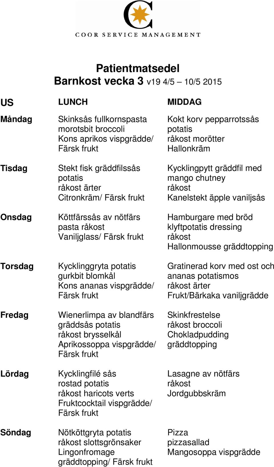 vispgrädde/ Nötköttgryta slottsgrönsaker Lingonfromage / Kokt korv pepparrotssås morötter Hallonkräm Kycklingpytt gräddfil med mango chutney Kanelstekt äpple vaniljsås Hamburgare