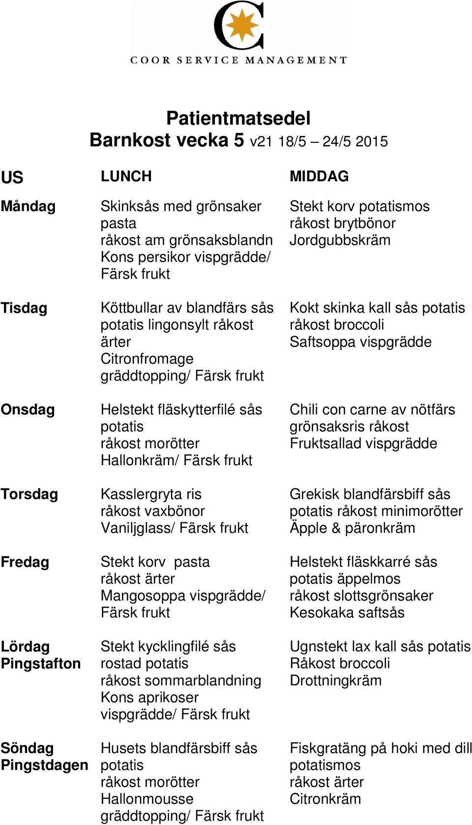 vispgrädde/ Husets blandfärsbiff sås morötter Hallonmousse / Stekt korv mos brytbönor Kokt skinka kall sås broccoli Saftsoppa vispgrädde Chili con carne av nötfärs grönsaksris Fruktsallad