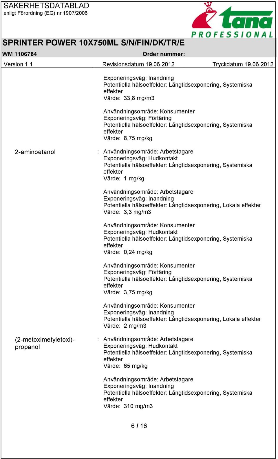 Värde: 0,24 mg/kg Exponeringsväg: Förtäring Värde: 3,75 mg/kg Exponeringsväg: Inandning Potentiella hälso: Långtidsexponering, Lokala Värde: 2 mg/m3