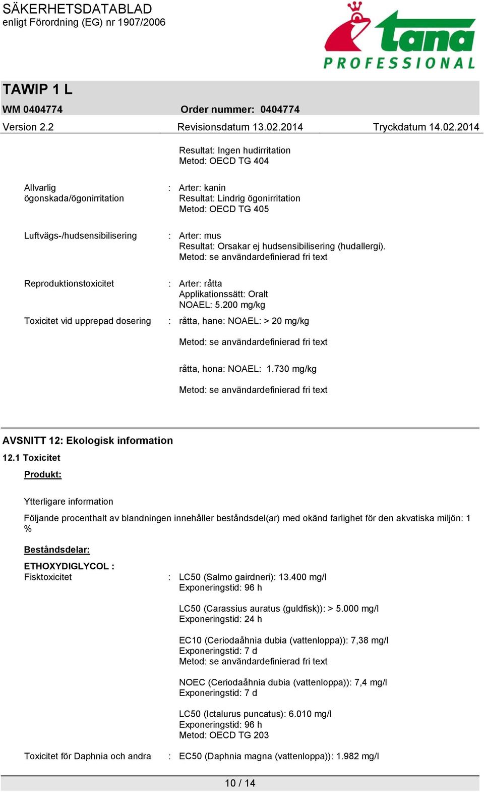 200 mg/kg : råtta, hane: NOAEL: > 20 mg/kg Metod: se användardefinierad fri text råtta, hona: NOAEL: 1.730 mg/kg Metod: se användardefinierad fri text AVSNITT 12: Ekologisk information 12.