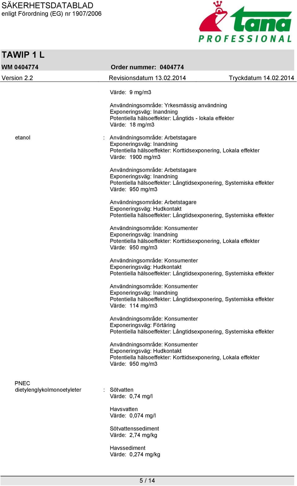 Arbetstagare Exponeringsväg: Hudkontakt Potentiella hälsoeffekter: Långtidsexponering, Systemiska effekter Potentiella hälsoeffekter: Korttidsexponering, Lokala effekter Värde: 950 mg/m3