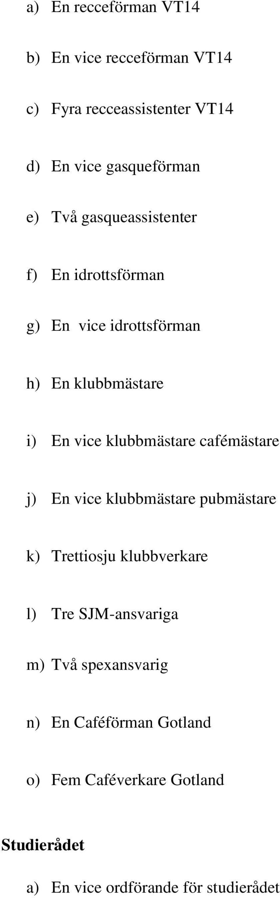 klubbmästare cafémästare j) En vice klubbmästare pubmästare k) Trettiosju klubbverkare l) Tre SJM-ansvariga