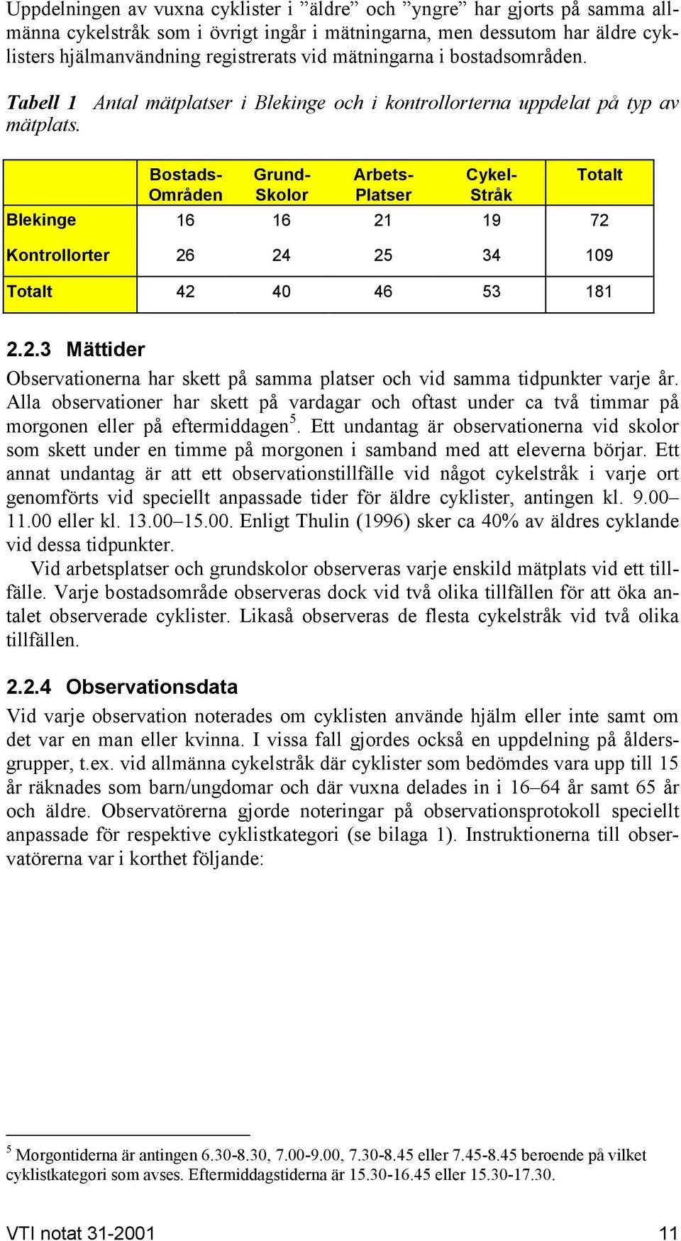 Bostads- Områden Grund- Skolor Arbets- Platser Cykel- Stråk Totalt Blekinge 16 16 21 19 72 Kontrollorter 26 24 25 34 109 Totalt 42 40 46 53 181 2.2.3 Mättider Observationerna har skett på samma platser och vid samma tidpunkter varje år.
