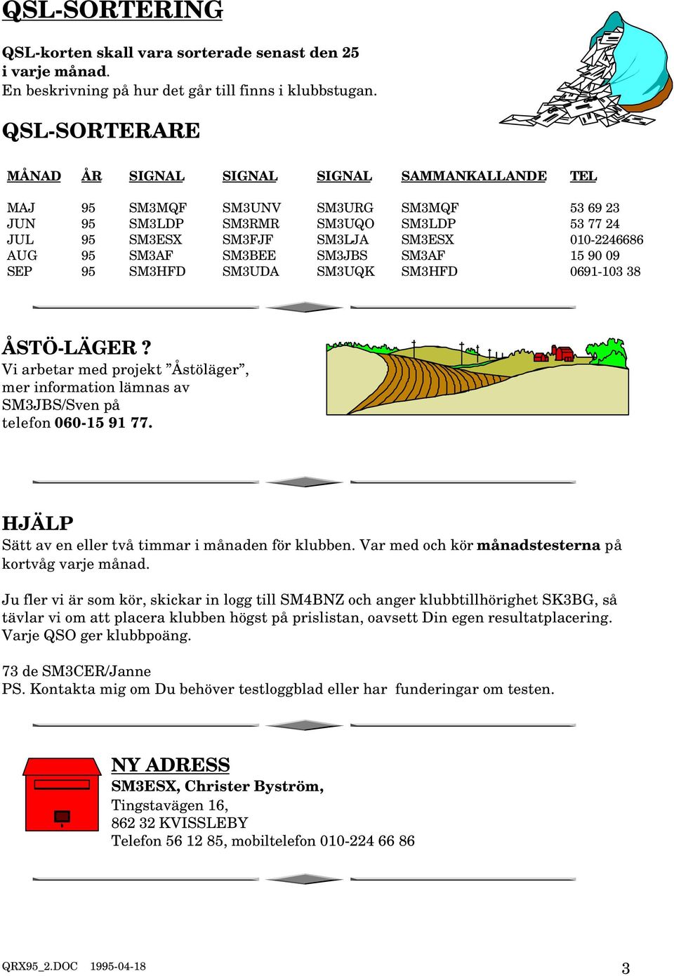 AUG 95 SM3AF SM3BEE SM3JBS SM3AF 15 90 09 SEP 95 SM3HFD SM3UDA SM3UQK SM3HFD 0691-103 38 ÅSTÖ-LÄGER? Vi arbetar med projekt Åstöläger, mer information lämnas av SM3JBS/Sven på telefon 060-15 91 77.