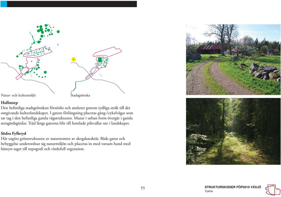 Murar i urban form övergår i gamla stengärdsgårdar. Träd längs gatorna blir till hamlade pilevallar ute i landskapet.