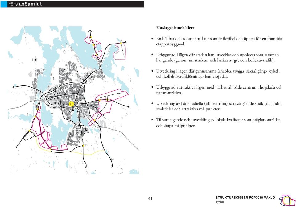 Utveckling i lägen där gynnsamma (snabba, trygga, säkra) gång-, cykel, och kollektivtrafiklösningar kan erbjudas.