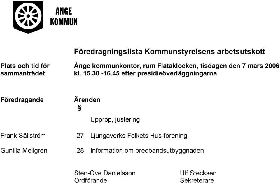 45 efter presidieöverläggningarna Föredragande Frank Sällström Gunilla Mellgren Ärenden Upprop,