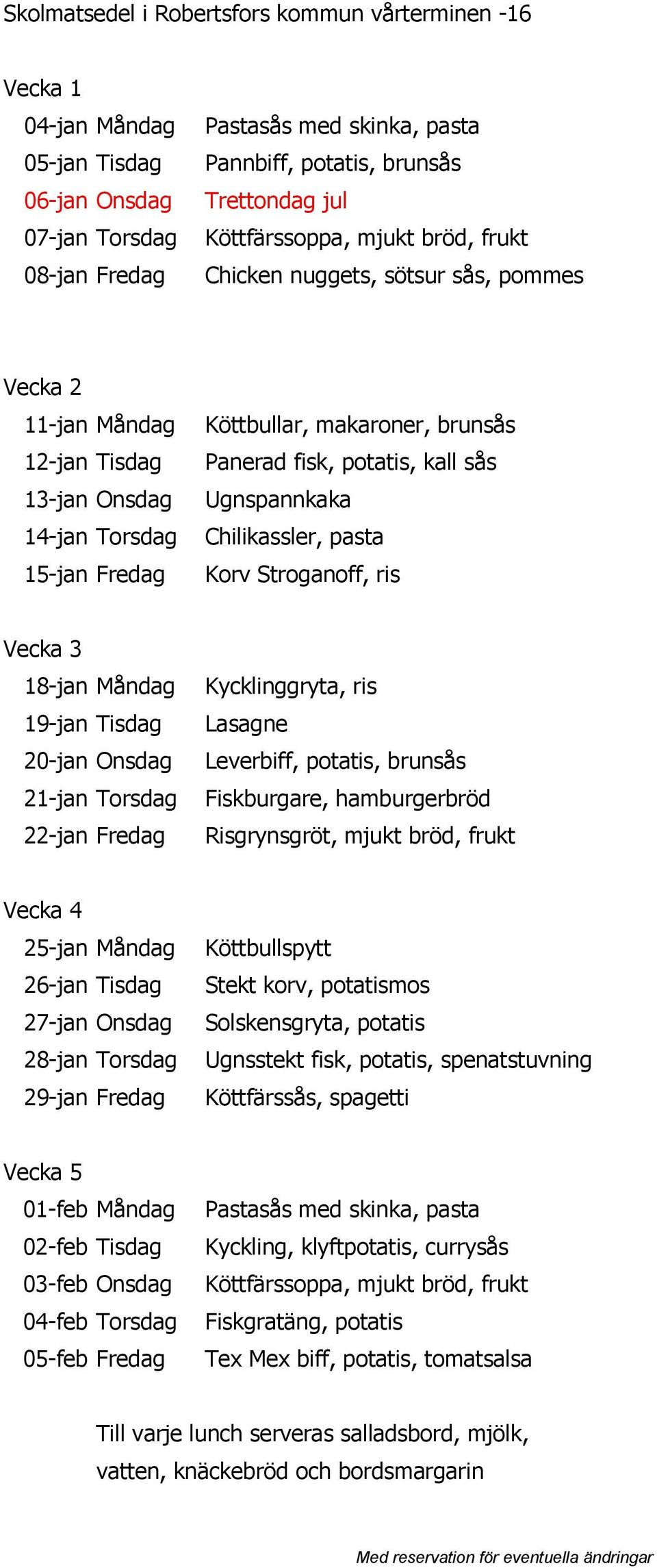 Lasagne Leverbiff, potatis, brunsås Fiskburgare, hamburgerbröd Risgrynsgröt, mjukt bröd, frukt Vecka 4 25-jan Måndag 26-jan Tisdag 27-jan Onsdag 28-jan Torsdag 29-jan Fredag Köttbullspytt