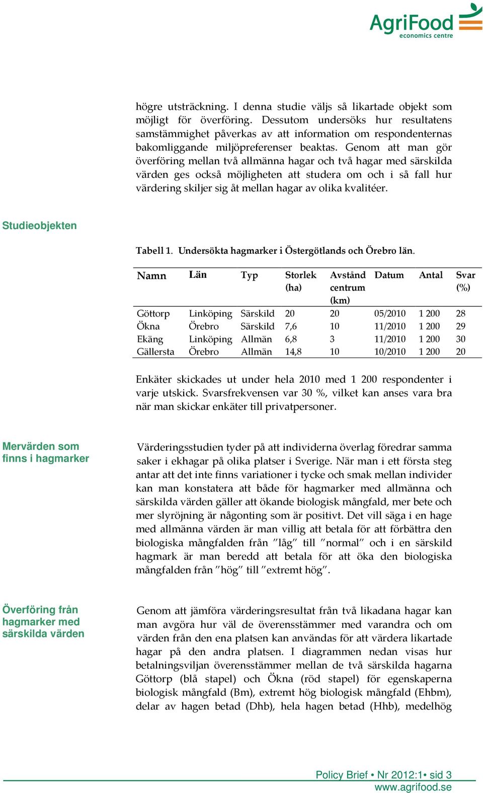 Genom att man gör överföring mellan två allmänna hagar och två hagar med särskilda värden ges också möjligheten att studera om och i så fall hur värdering skiljer sig åt mellan hagar av olika