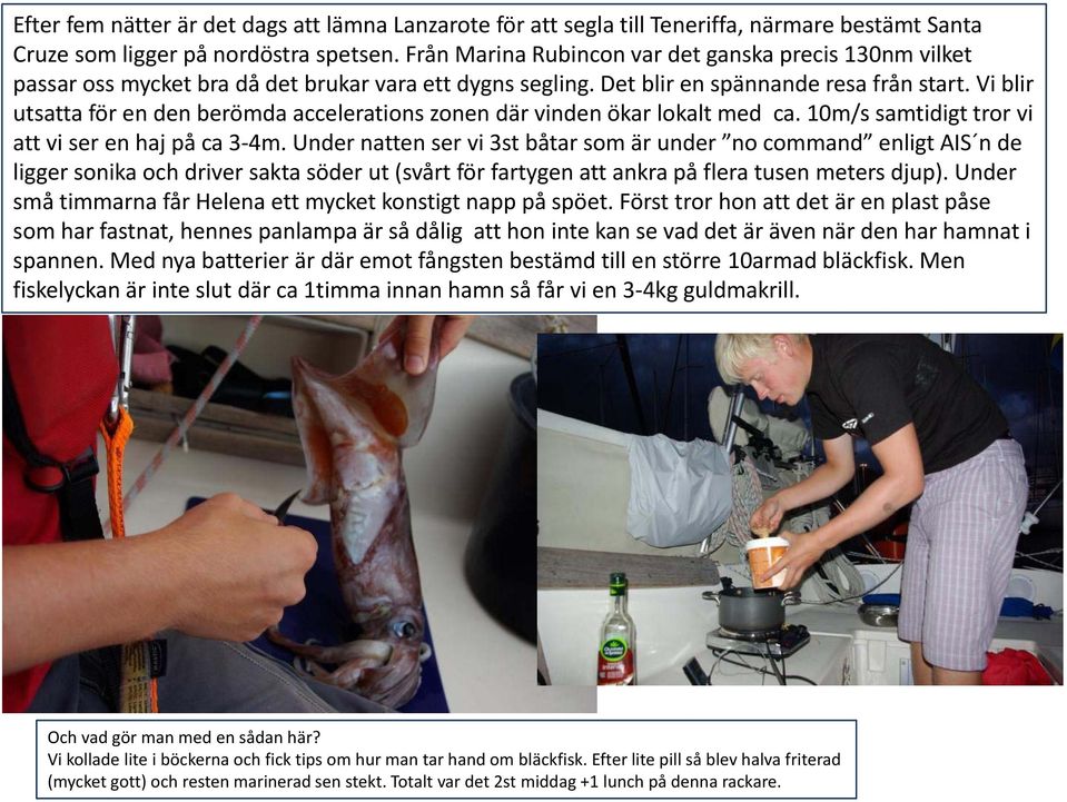 Vi blir utsatta för en den berömda accelerations zonen där vinden ökar lokalt med ca. 10m/s samtidigt tror vi att vi ser en haj på ca 3 4m.