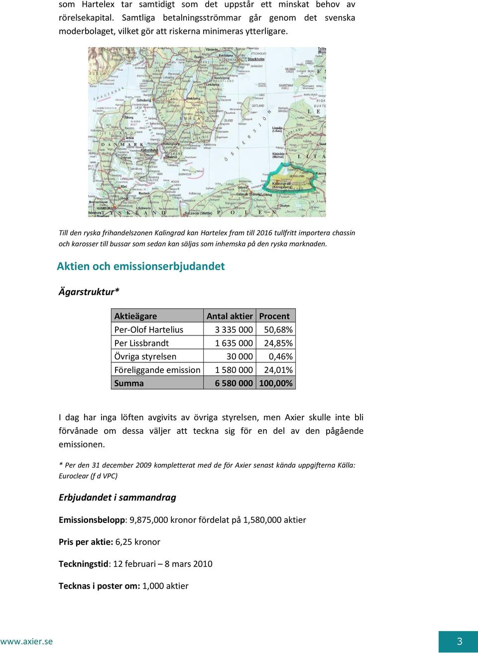 Aktien och emissionserbjudandet Ägarstruktur* Aktieägare Antal aktier Procent Per-Olof Hartelius 3335000 50,68% Per Lissbrandt 1635000 24,85% Övriga styrelsen 30000 0,46% Föreliggande emission