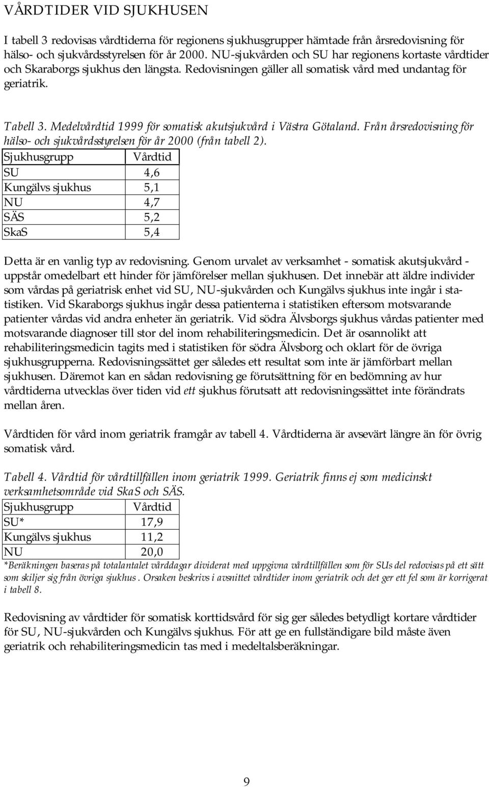 Medelvårdtid 1999 för somatisk akutsjukvård i Västra Götaland. Från årsredovisning för hälso- och sjukvårdsstyrelsen för år 2000 (från tabell 2).