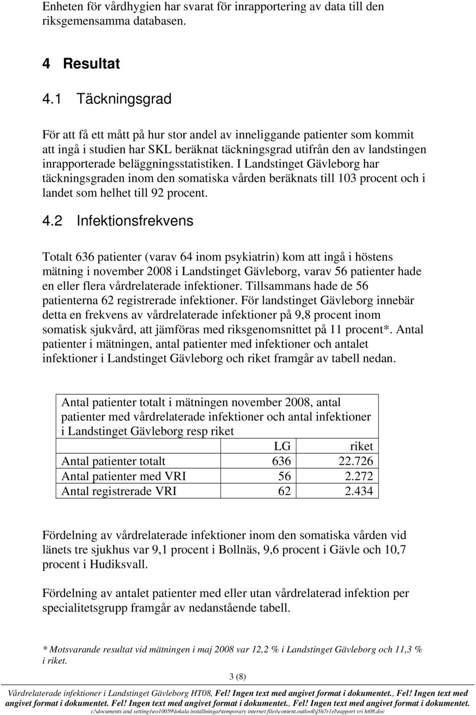 beläggningsstatistiken. I Landstinget Gävleborg har täckningsgraden inom den somatiska vården beräknats till 103 procent och i landet som helhet till 92 procent. 4.