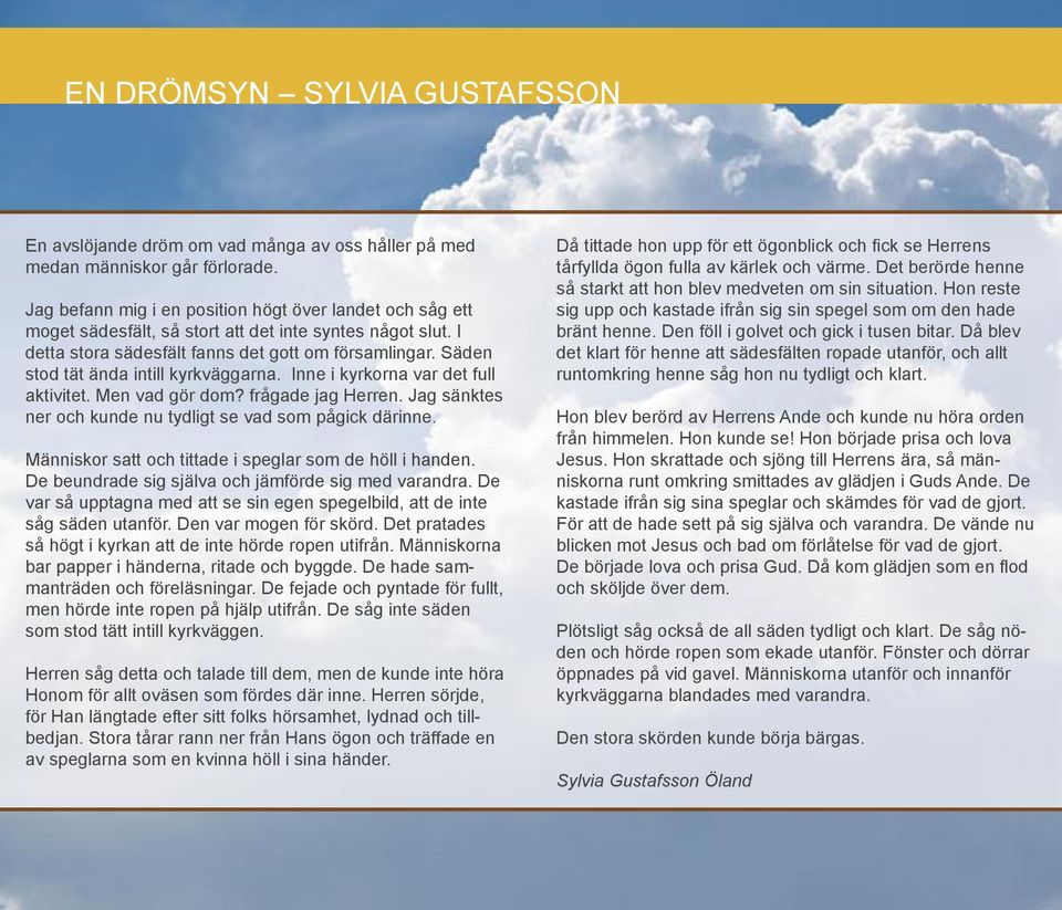 Säden stod tät ända intill kyrkväggarna. Inne i kyrkorna var det full aktivitet. Men vad gör dom? frågade jag Herren. Jag sänktes ner och kunde nu tydligt se vad som pågick därinne.