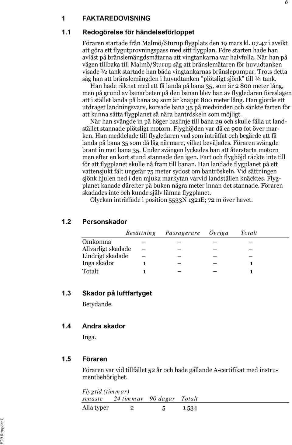 När han på vägen tillbaka till Malmö/Sturup såg att bränslemätaren för huvudtanken visade ½ tank startade han båda vingtankarnas bränslepumpar.