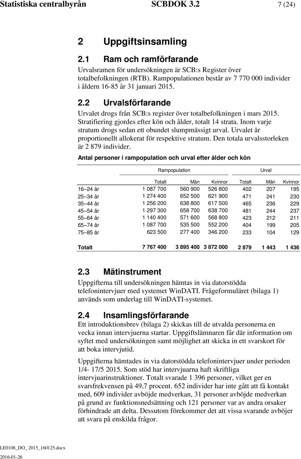 Stratifiering gjordes efter kön och ålder, totalt 14 strata. Inom varje stratum drogs sedan ett obundet slumpmässigt urval. Urvalet är proportionellt allokerat för respektive stratum.