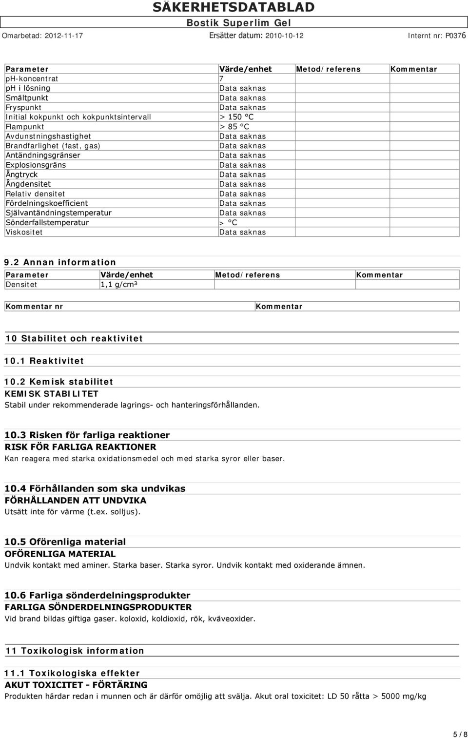 2 Annan information Parameter Värde/enhet Metod/referens Kommentar Densitet 1,1 g/cm³ Kommentar nr Kommentar 10 Stabilitet och reaktivitet 10.1 Reaktivitet 10.