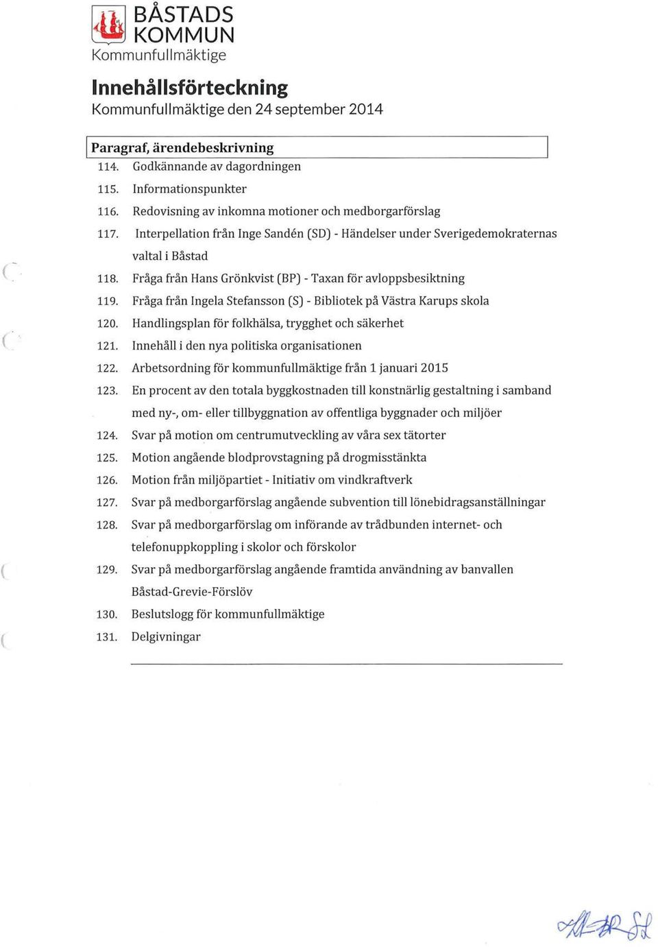 Fråga från Hans Grönkvist BP) - Taxan för avloppsbesiktning 119. Fråga från Ingela Stefansson S) - Bibliotek på Västra Karups skola 120. Handlingsplan för folkhälsa, trygghet och säkerhet 121.