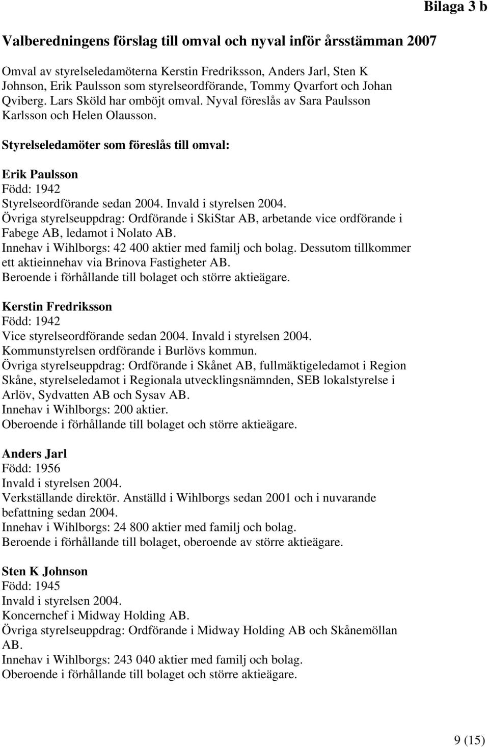 Styrelseledamöter som föreslås till omval: Erik Paulsson Född: 1942 Styrelseordförande sedan 2004. Invald i styrelsen 2004.