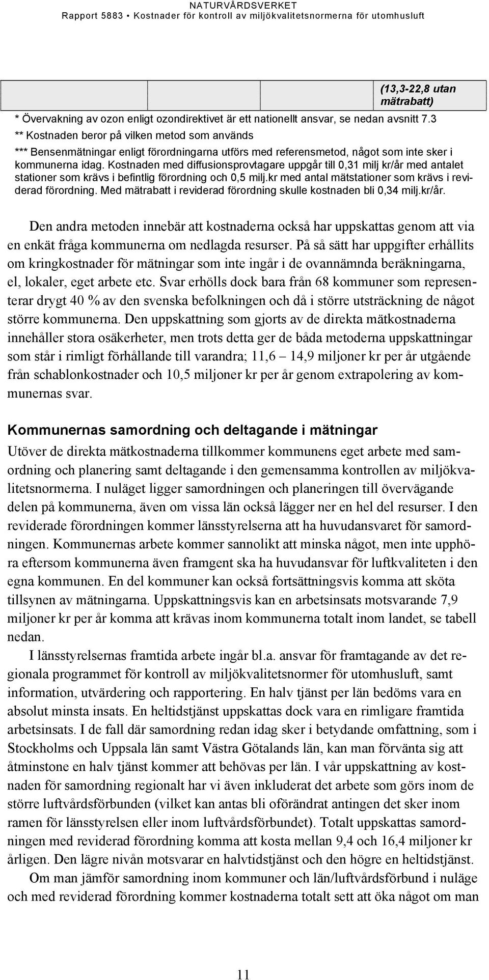 Kostnaden med diffusionsprovtagare uppgår till 0,31 milj kr/år med antalet stationer som krävs i befintlig förordning och 0,5 milj.kr med antal mätstationer som krävs i reviderad förordning.