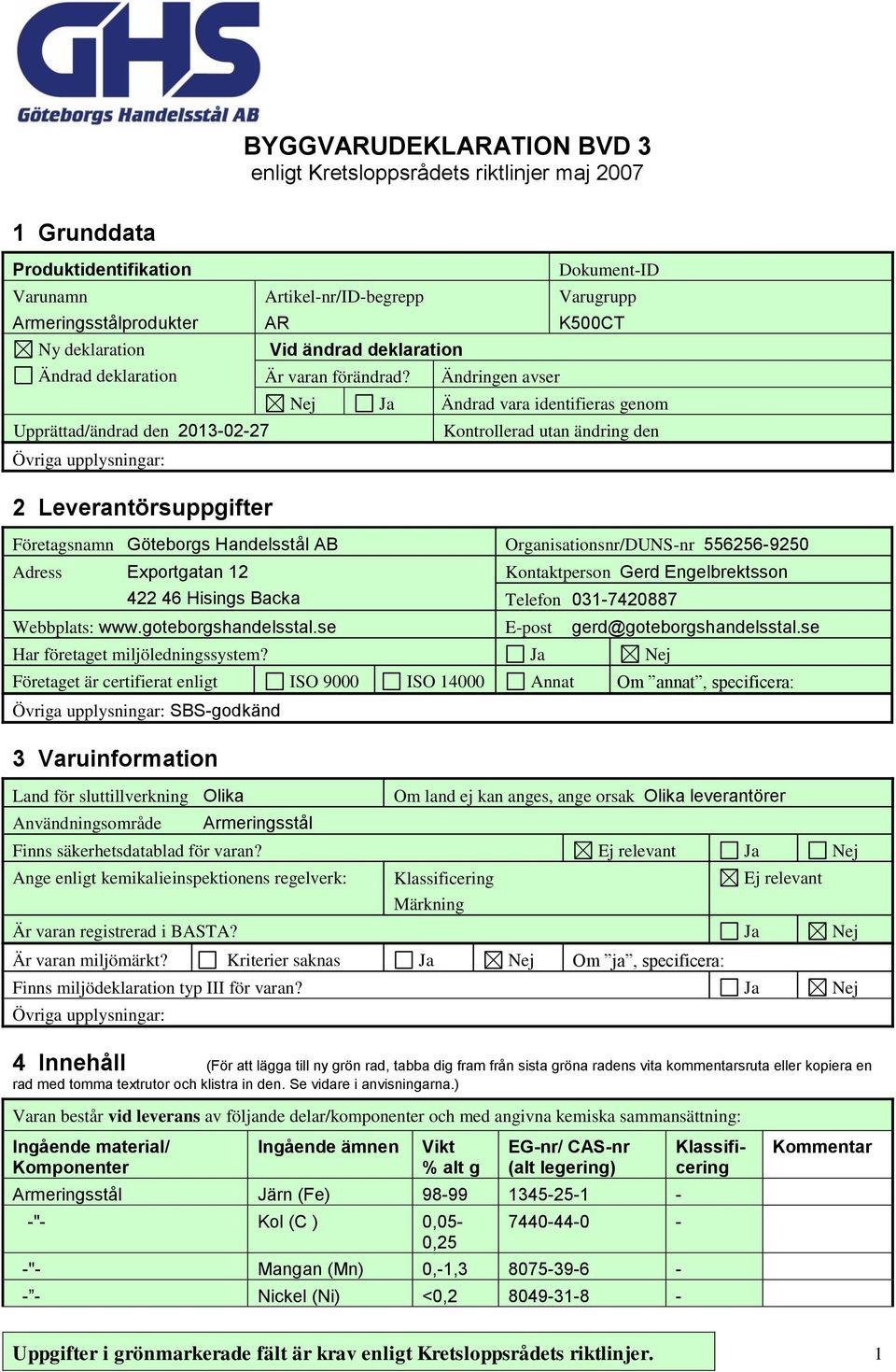 Ändringen avser Nej Ja Ändrad vara identifieras genom Upprättad/ändrad den 2013-02-27 Kontrollerad utan ändring den 2 Leverantörsuppgifter Företagsnamn Göteborgs Handelsstål AB