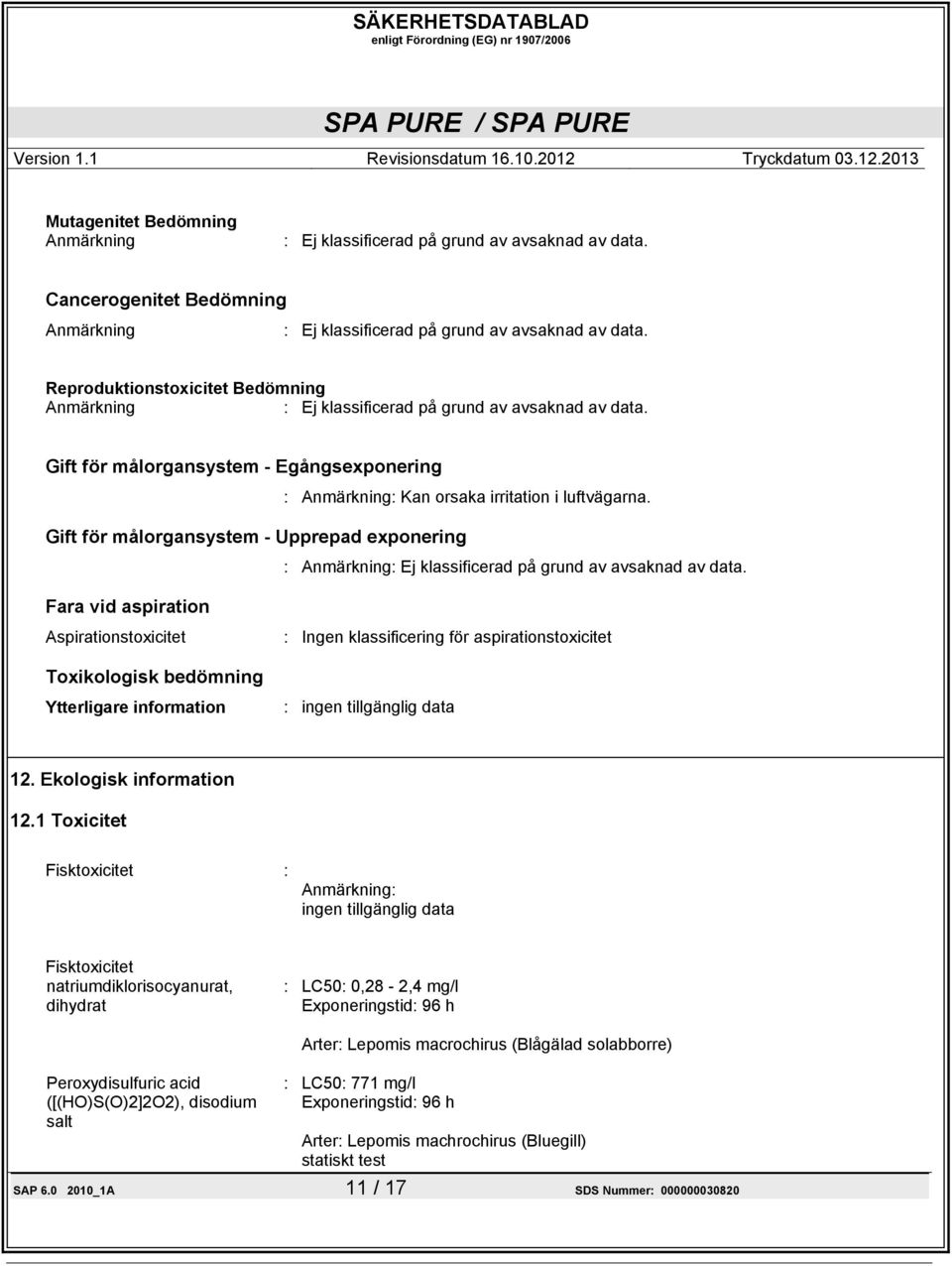 Gift för målorgansystem - Upprepad exponering : Anmärkning: Ej klassificerad på grund av avsaknad av data.