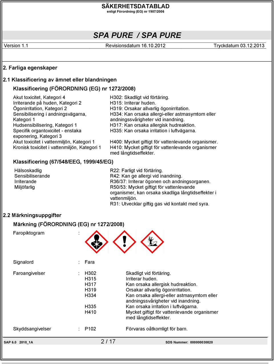 Sensibilisering i andningsvägarna, Kategori 1 H334: Kan orsaka allergi-eller astmasymtom eller andningssvårigheter vid inandning. Hudsensibilisering, Kategori 1 H317: Kan orsaka allergisk hudreaktion.