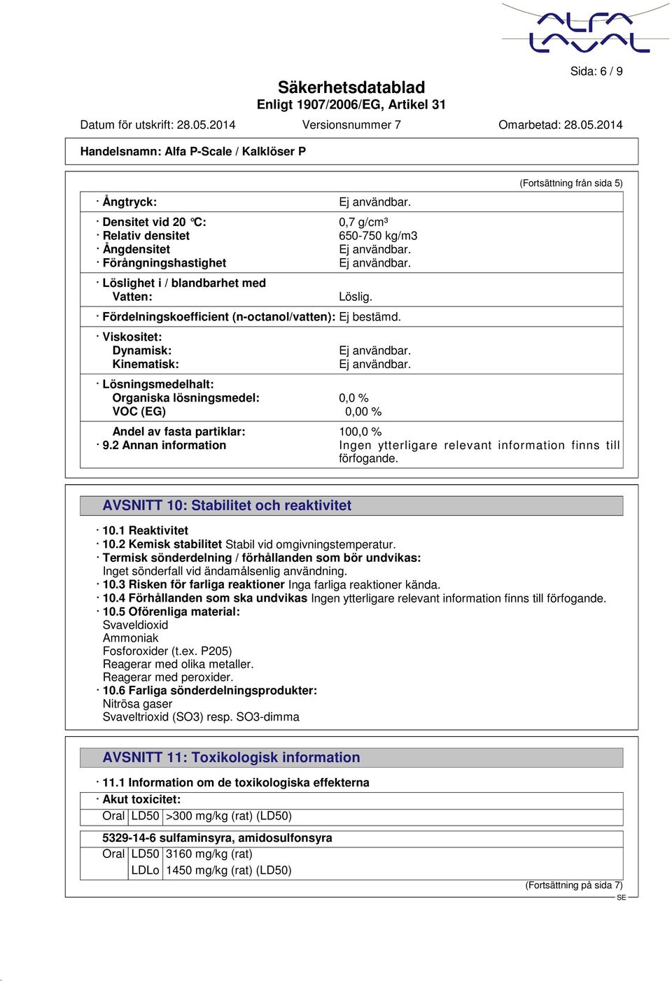 Ej användbar. Lösningsmedelhalt: Organiska lösningsmedel: 0,0 % VOC (EG) 0,00 % (Fortsättning från sida 5) Andel av fasta partiklar: 100,0 % 9.