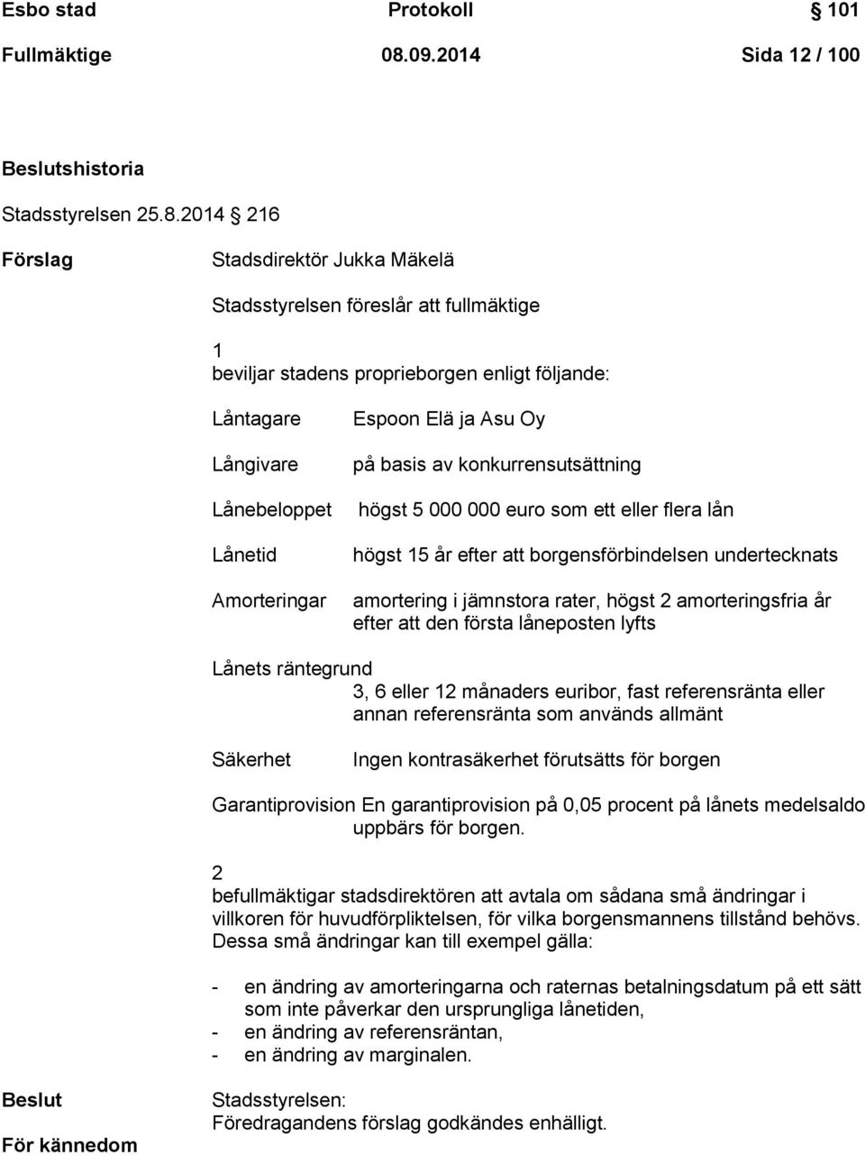 2014 216 Förslag Stadsdirektör Jukka Mäkelä Stadsstyrelsen föreslår att fullmäktige 1 beviljar stadens proprieborgen enligt följande: Låntagare Långivare Lånebeloppet Lånetid Amorteringar Espoon Elä