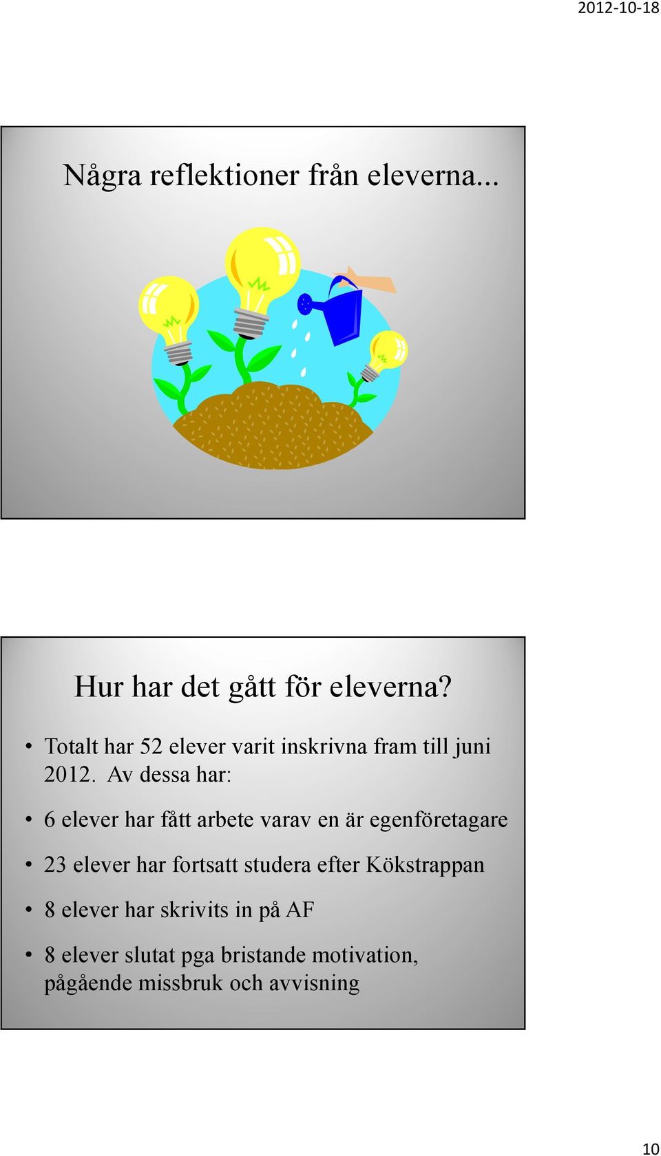 Av dessa har: 6 elever har fått arbete varav en är egenföretagare 23 elever har