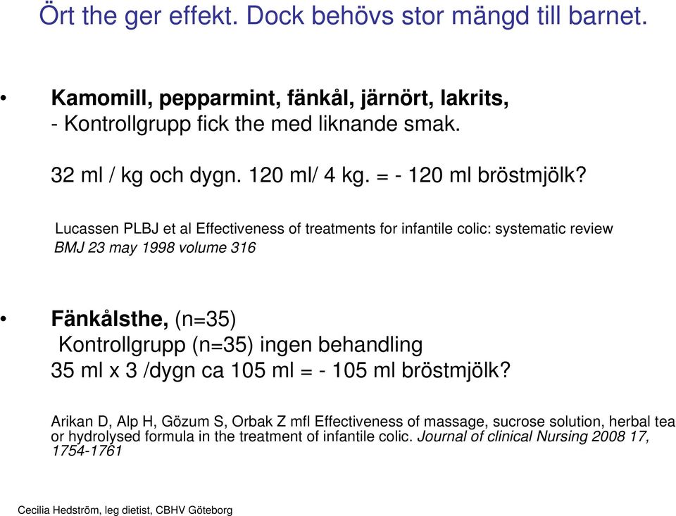 Lucassen PLBJ et al Effectiveness of treatments for infantile colic: systematic review BMJ 23 may 1998 volume 316 Fänkålsthe, (n=35) Kontrollgrupp (n=35)