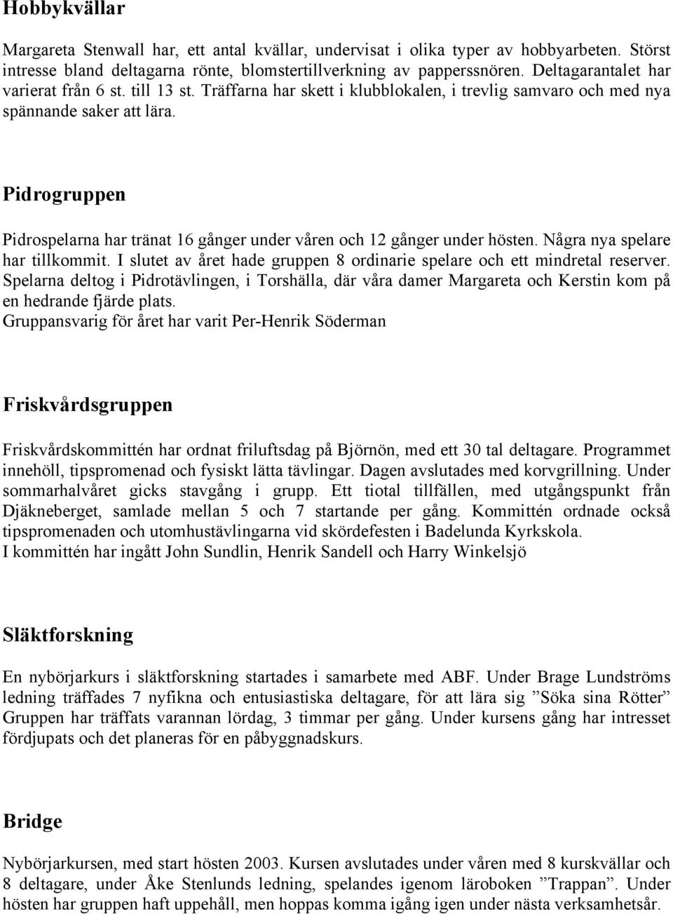 Pidrogruppen Pidrospelarna har tränat 16 gånger under våren och 12 gånger under hösten. Några nya spelare har tillkommit. I slutet av året hade gruppen 8 ordinarie spelare och ett mindretal reserver.
