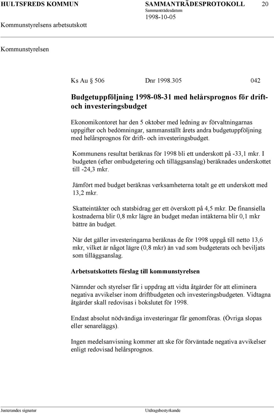 andra budgetuppföljning med helårsprognos för drift- och investeringsbudget. Kommunens resultat beräknas för 1998 bli ett underskott på -33,1 mkr.