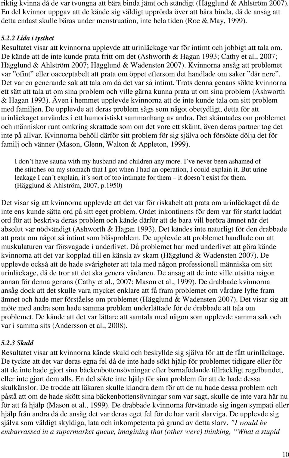 2 Lida i tysthet Resultatet visar att kvinnorna upplevde att urinläckage var för intimt och jobbigt att tala om. De kände att de inte kunde prata fritt om det (Ashworth & Hagan 1993; Cathy et al.